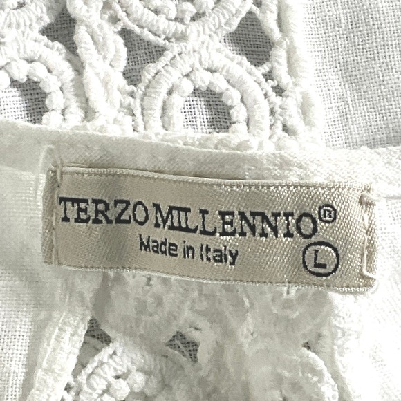 Terzo Millennio Italy 100% Linen‎ White Top Crochet Back Womens Sz L Sustainable - Picture 3 of 10